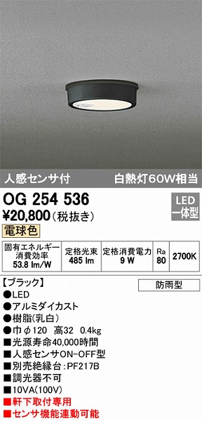 OG254810 オーデリック 軒下用シーリングライト LED（電球色）