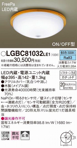 LGBC81032LE1 パナソニック 小型シーリングライト LED センサー付 (LGBC81031LE1 後継品)