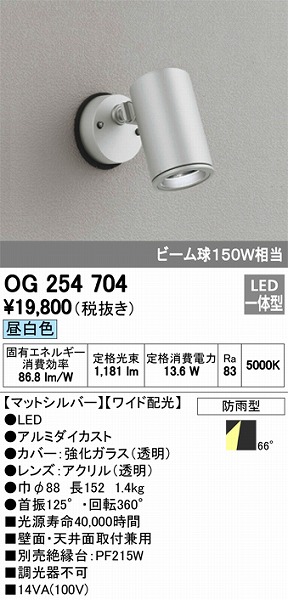 OG254704 オーデリック 屋外用スポットライト LED（昼白色）