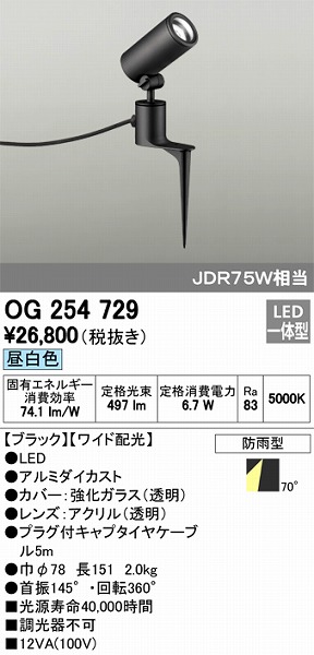 OG254729 オーデリック 屋外用スポットライト LED（昼白色）
