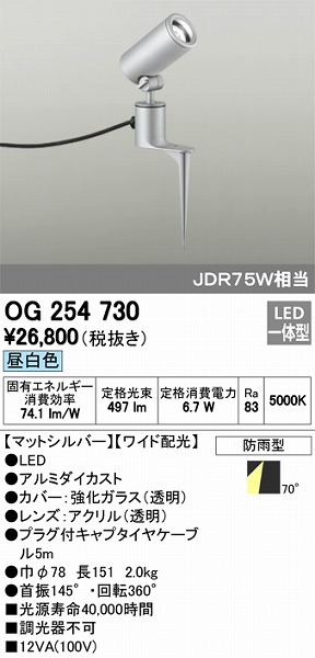 OG254730 オーデリック 屋外用スポットライト LED（昼白色）