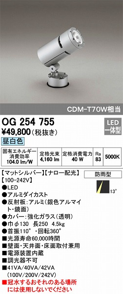 OG254755 オーデリック 屋外用スポットライト LED（昼白色）