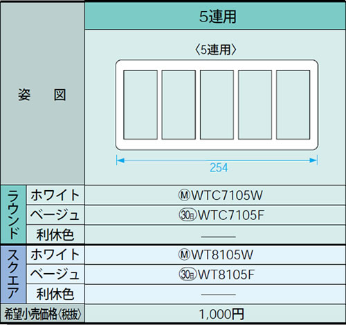 WT8105W パナソニック ホワイト スイッチプレート (5連用) (スクエア)