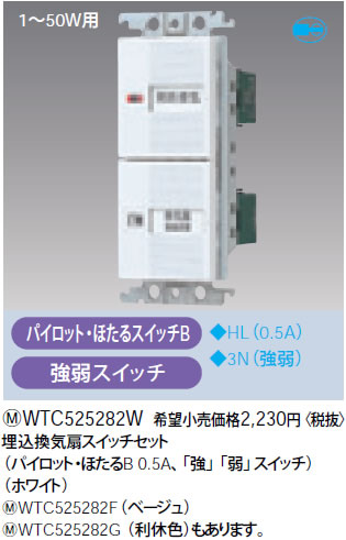 WTC525282W パナソニック ホワイト 埋込換気扇スイッチセット (パイロット・ほたるB 0.5A、「強」「弱」スイッチ)