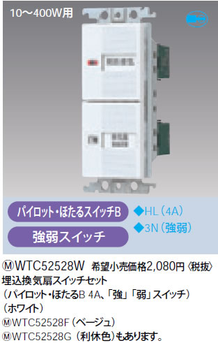 WTC52528W パナソニック ホワイト 埋込換気扇スイッチセット (パイロット・ほたるB 4A、「強」「弱」スイッチ)