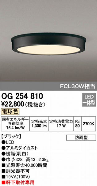 OG254810 オーデリック 軒下用シーリングライト LED（電球色）