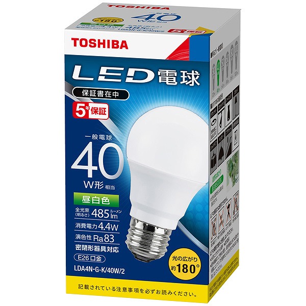 LDA4N-G-K/40W/2 東芝 LED電球 一般電球形 昼白色 180度 485lm (E26)
