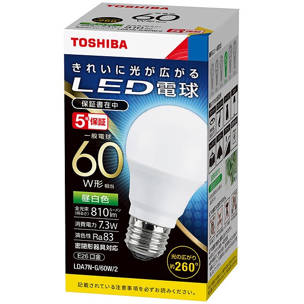 LDA7N-G/60W/2 東芝 LED電球 一般電球形 昼白色 260度 810lm (E26)