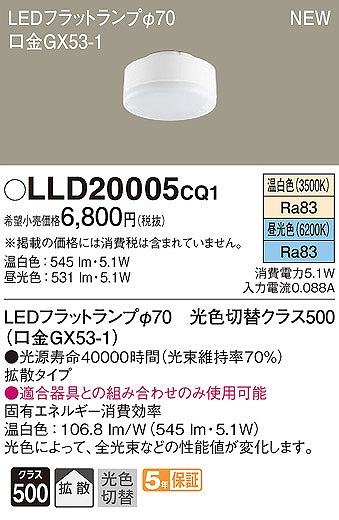 LLD20005CQ1 パナソニック LEDフラットランプ φ70 クラス500 温白色・昼光色 拡散 (GX53-1)