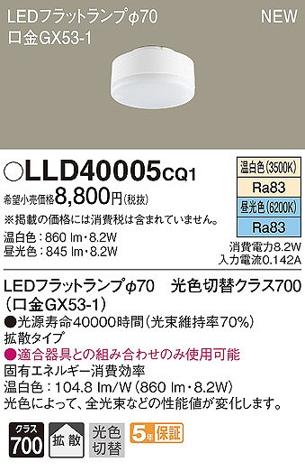 LLD40005CQ1 パナソニック LEDフラットランプ φ70 クラス700 温白色・昼光色 拡散 (GX53-1)