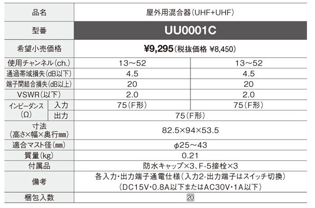 UU0001C DXアンテナ 屋外用混合器(UHF+UHF 13〜52ch)