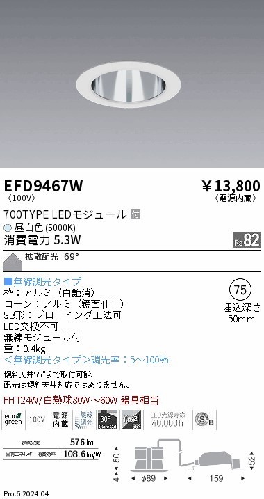 EFD9467W Ɩ SB`_ECg ʃR[ 75 zCg LED F Fit gU (EFD9467W)
