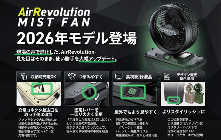 2026最新 KMネクスト ARミストファン 黒 V02-BK 扇風機 充電式 コードレス ポータブル 11L ミスト 4段階風量 首振り リモコン 熱中症対策 屋外 工場
