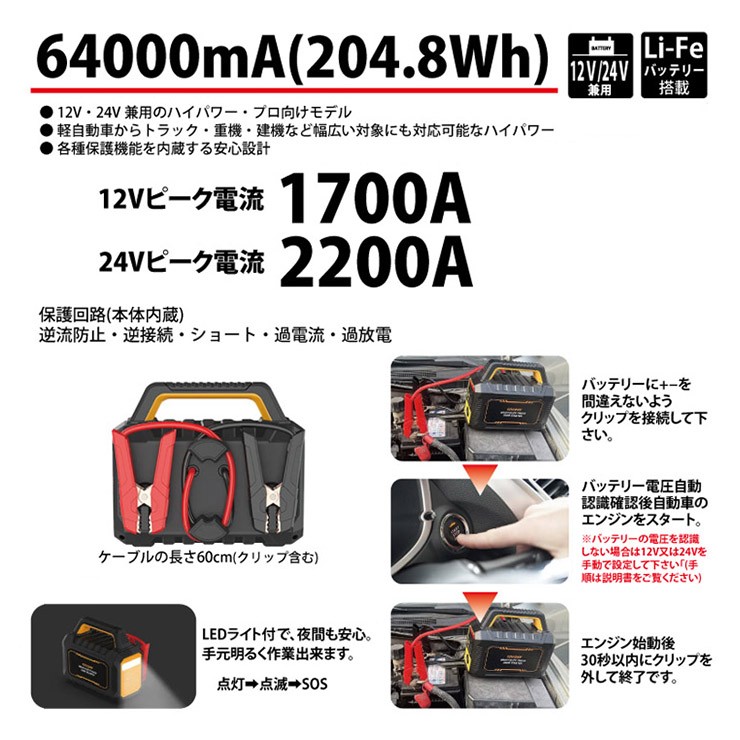 12/24V���p�W�����v�X�^�[�^�[ FCJ64N �\���d�� ��e��64000mAh 204.8Wh �d���������m �ԗ� ���@ �G���W���n�� �X�}�z�[�d