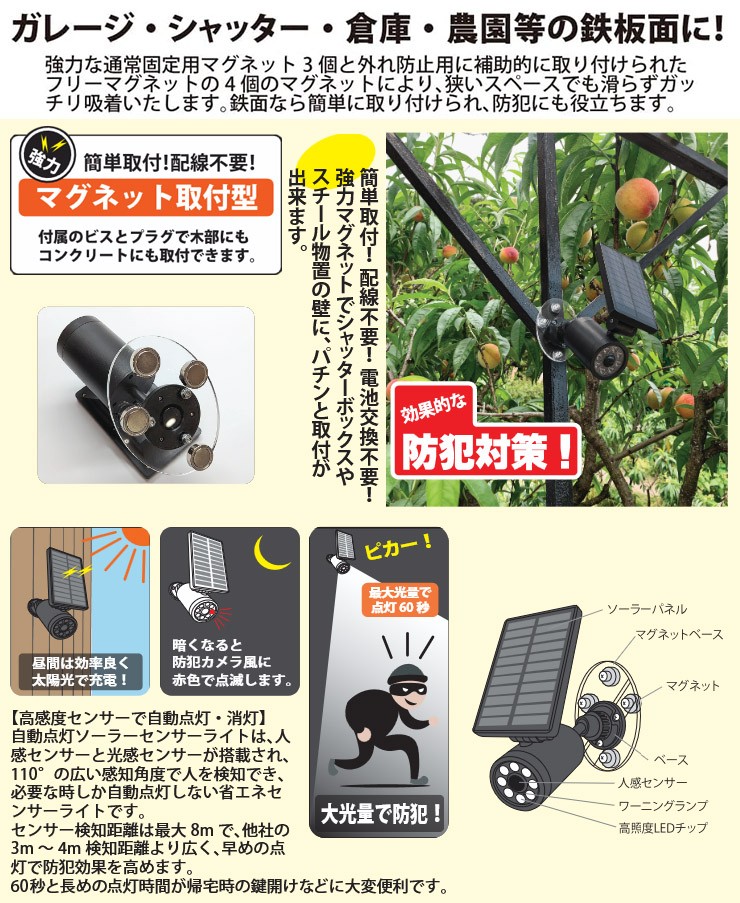 ソーラーセンサーライト ダミーカメラタイプ EDS0796MN 防犯灯 LED ソーラー充電式 簡単取付 配線不要 工事不要 人感センサー 450lm